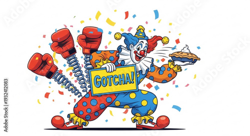 Jester clown holding gotcha sign pie and boxing gloves in colorful confetti playful prankster with spring legs joyful surprise party