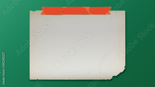 Old blank rectangular paper with stains stick by orange adhesive tape on green background