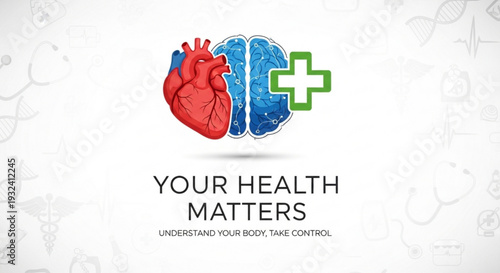 Health awareness concept with heart brain and medical cross promoting wellness and self care