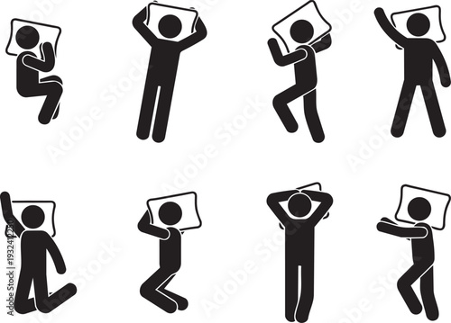 Set of stick figures in various sleeping positions, illustrating different ways to rest and sleep comfortably