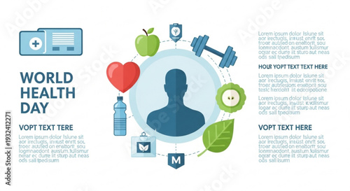 World health day template with fitness icons healthy habits and wellness elements in blue and green hues