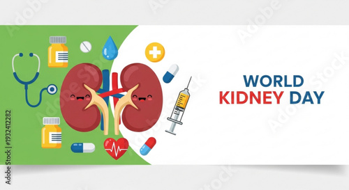 World kidney day illustration with anatomical kidneys and medical icons on green and white background