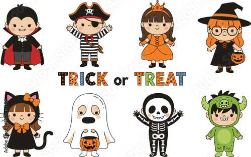 Cute Kids Halloween Costume Set with Vampire Pirate Pumpkin Witch Ghost and Skeleton Characters