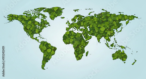 Green world map with leaves on light blue background eco friendly concept for sustainable environment and conservation