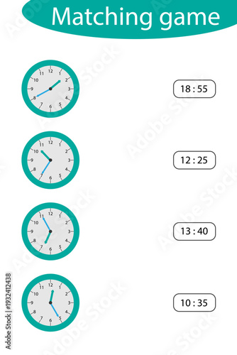 What time is it, matching game with clocks for children, fun education activity for kids, educational task for the development of logical thinking, preschool worksheet activity, vector illustration