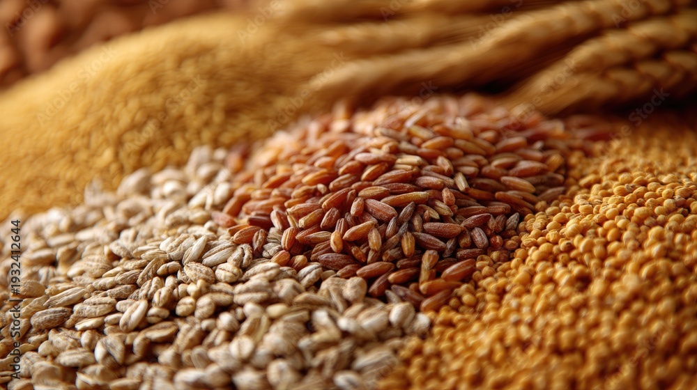 Obraz premium Close-Up View of Various Grains Including Wheat, Barley, and Millet on Natural Background, Showcasing Textures and Colors of Agricultural Harvest