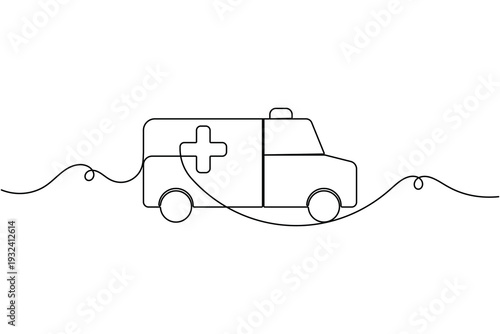 Emergency ambulance vehicle sign icon continuous one line art single drawing on white background minimal rescue symbol outline vector illustration