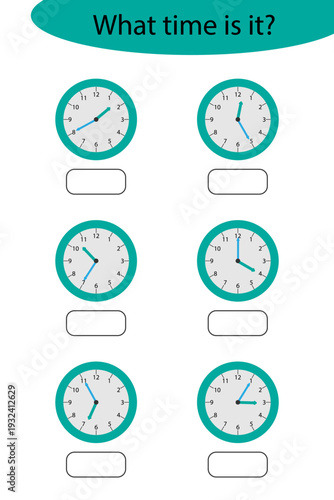 What time is it, game with clocks for children, fun education activity for kids, educational task for the development of logical thinking, preschool worksheet activity, vector illustration
