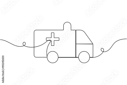 Emergency ambulance vehicle sign icon continuous one line art single drawing on white background minimal rescue symbol outline vector illustration