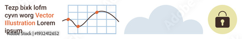 Data analysis, cloud storage, cybersecurity, technology, digital security, online services. A graph, cloud and padlock icon visually concepts. Data analysis and cybersecurity in focus