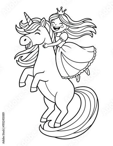 Unicorn coloring page with princess riding magical pony