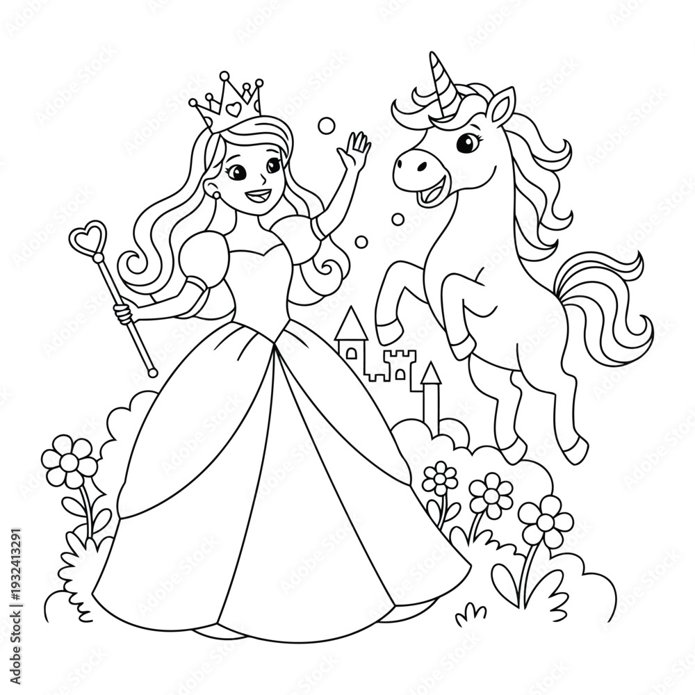 Fototapeta premium Unicorn coloring page with princess waving wand beside magical pony