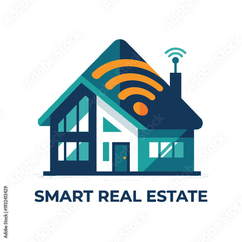 Stylized smart real estate logo featuring a modern house with Wi-Fi signal and antenna.