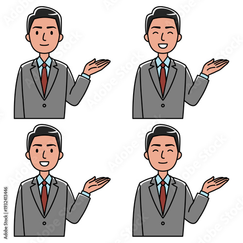 左手で案内するスーツの東南アジア系男性のイラスト