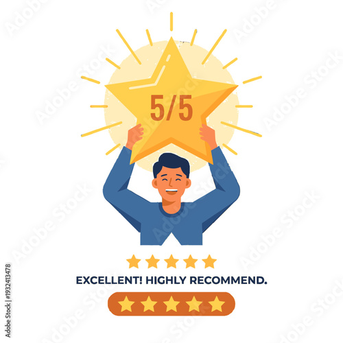 A happy man holding a 5/5 star rating, symbolizing excellent customer feedback and high recommendation for service or product.