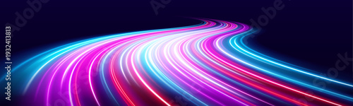 Vibrant neon ribbons stretch across the scene, forming a glowing expressway. Blended colors highlight motion and forward momentum. Perfect for futuristic tech designs. vector