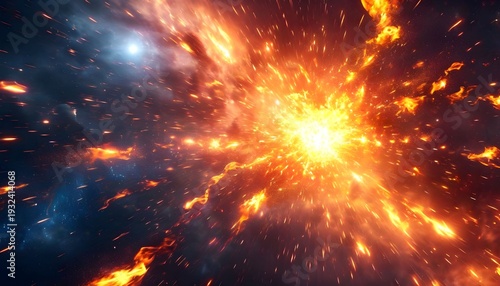 Vibrant orange explosion occurs in deep space with bright light and flames