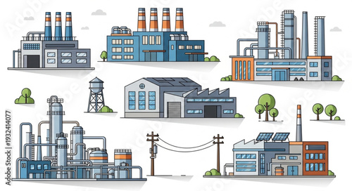 Collection of Industrial Factory Buildings with Smokestacks and Solar Panels.