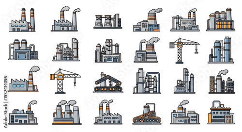 Collection of Industrial Factory Buildings with Smokestacks.