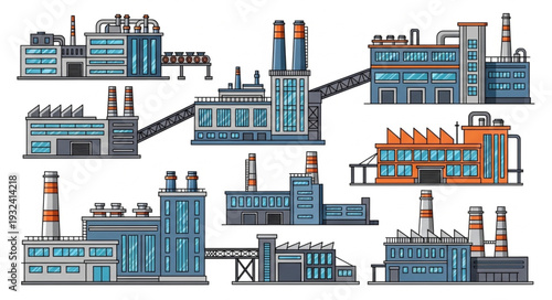 Collection of Industrial Factory Buildings with Smokestacks.
