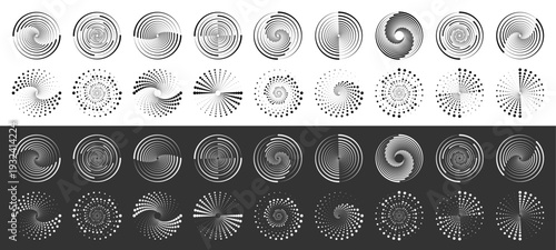 Round dotted halftone borders with smooth radial density transition. Abstract circular texture set for branding and print design. PNG