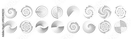 Abstract halftone dotted circles and frames with radial screentone spray texture. Comic style round gradient pattern set. PNG