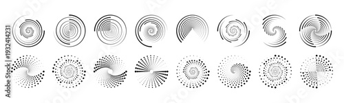 Spiral halftone dot collection forming circular motion patterns. Black radial spiral decoration with smooth gradient density. PNG