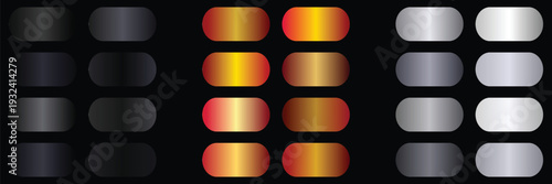 Obsidian Black Glossy Metallic Palette UI Swatch Collection with Crimson Gold and Titanium Steel Gradients.