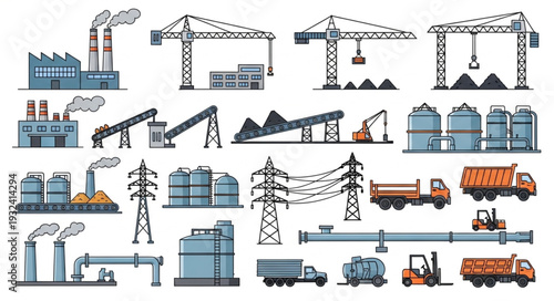Industrial construction site with cranes and factories illustration.