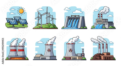 Set of different energy production facilities illustrations.