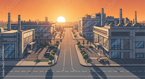 Industrial cityscape at sunset with factories and road.