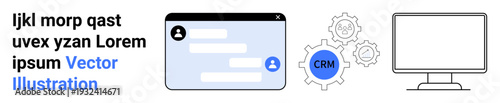 Customer management, online communication, business tools, software integration, data organization, workflow optimization. Chat interface, gears with CRM computer screen. Customer management