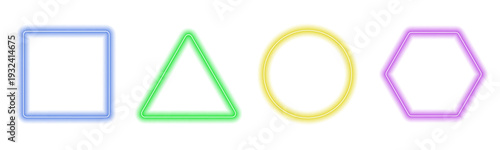 Futuristic glowing set of circle, square, triangle, and hexagon frames with soft gradient illumination and luminous edges, suitable for banners and digital presentations. vector