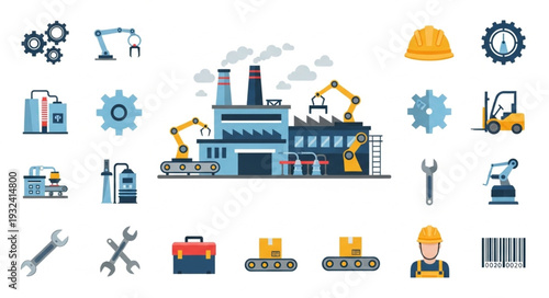 Industrial Factory and Manufacturing Icons Set.