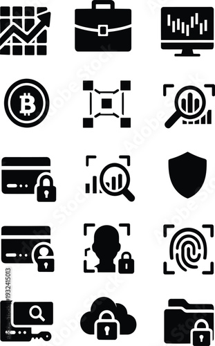 Black and white icons of various security and finance symbols isolated on transparent background