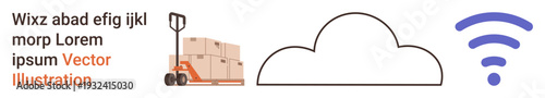 Logistics, cloud computing, wireless communication, data storage, e-commerce, connectivity. Pallet jack with boxes, cloud and wireless symbol. Logistics and cloud computing