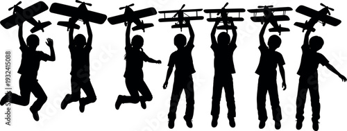 Kids holding toy airplanes silhouette collection showing children jumping and playing with model aircraft, aviation dream concept vector illustration for imagination and childhood fun