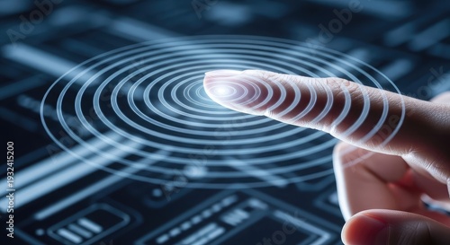 A man's hand rests on a keyboard within a digital 3d space featuring a blue spiral motion wave of light and data science technology art