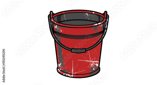 Grungy red bucket with scratches and dirt, isolated on white