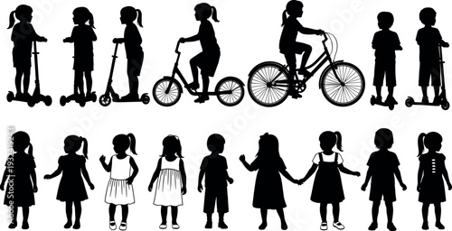 Kids silhouette collection with children riding scooters and bicycle, standing boys and girls poses, playful childhood activities isolated vector illustration set on white background
