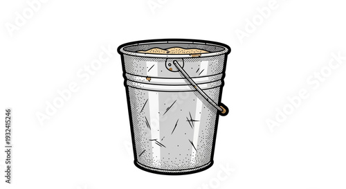 Metal bucket filled with sand, isolated on white background