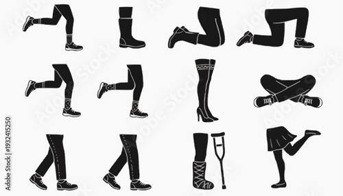 set of female shoes Black Silhouette Human Leg Poses and Activities Icons Set – Running Walking Sitting Vector Collection