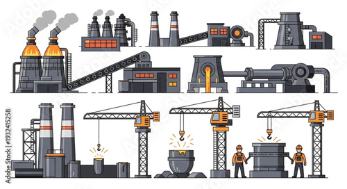 Industrial factory and construction site elements illustration.