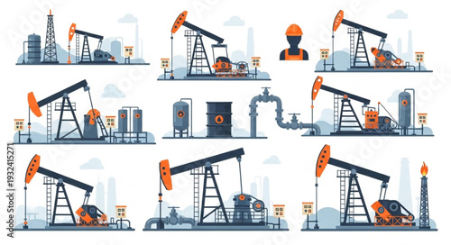 Oil pumpjack industrial scene with worker illustration.