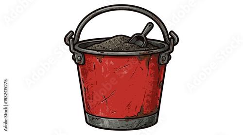 Red bucket filled with sand and shovel, cartoon style