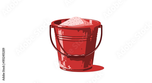 Red bucket filled with sand on a white background.