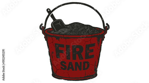 Red bucket filled with sand and shovel, text "FIRE SAND"