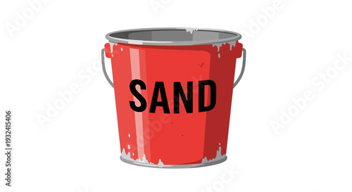 Red bucket labeled "SAND" with handle, isolated on white background.