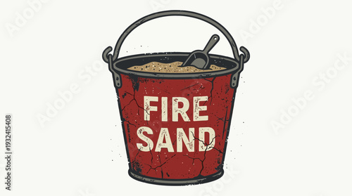 Red fire bucket filled with sand and scoop