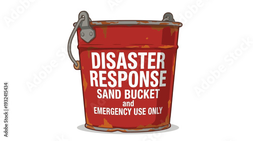 Red distressed sand bucket labeled "Disaster Response Sand Bucket, Emergency Use Only"